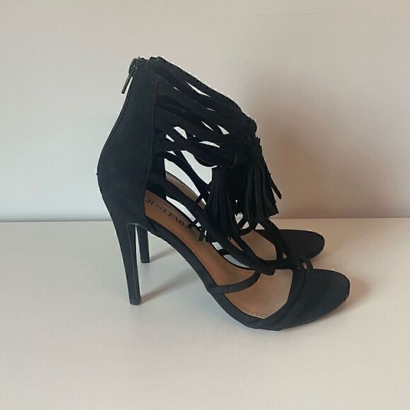 JustFab Gladiator Keeley Black Ankle Strap Tassel High Heels Size 7.5 - Picture 2 of 8